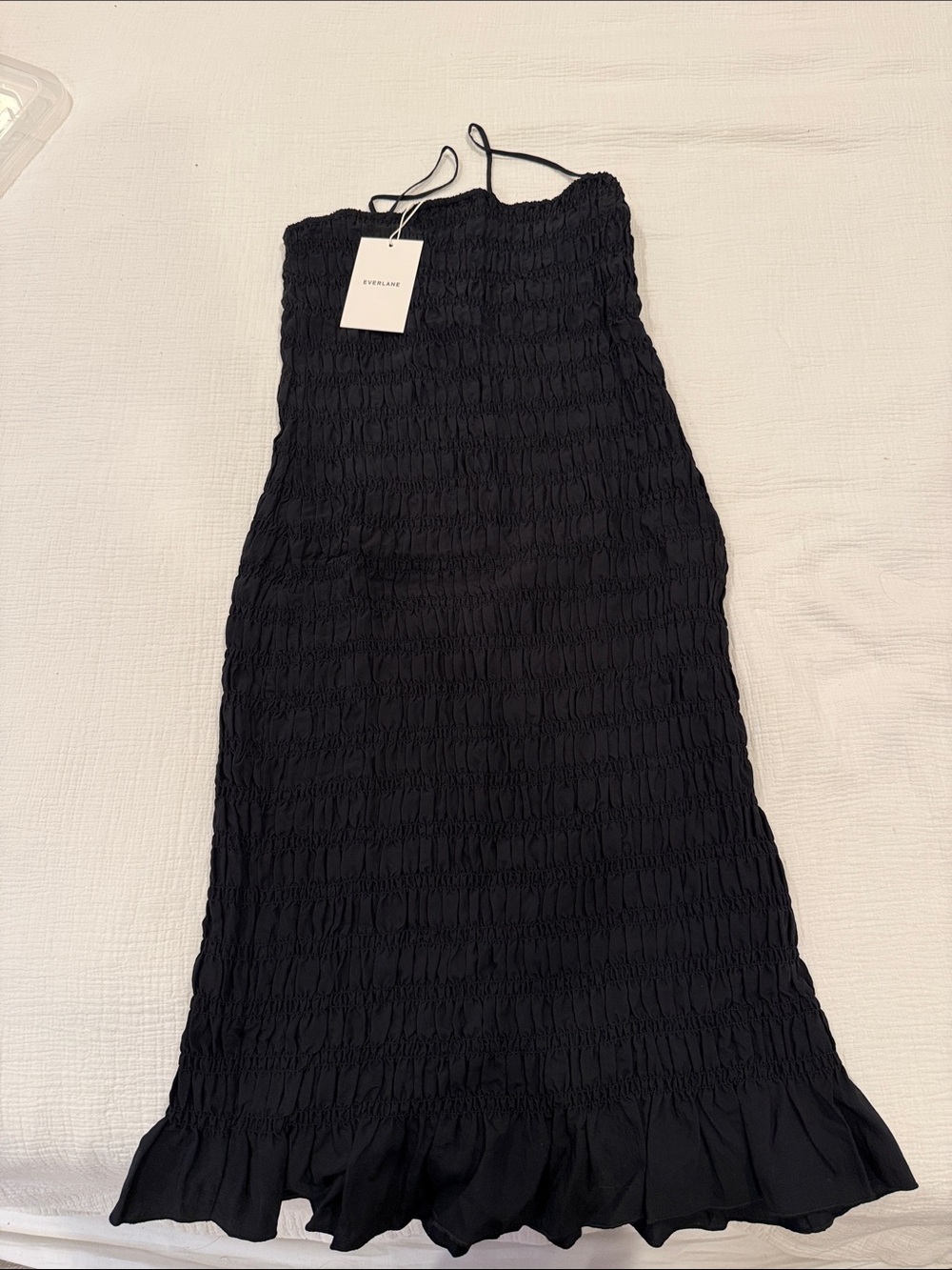 Everlane Black Smocked Midi Dress with Ruffle Hem